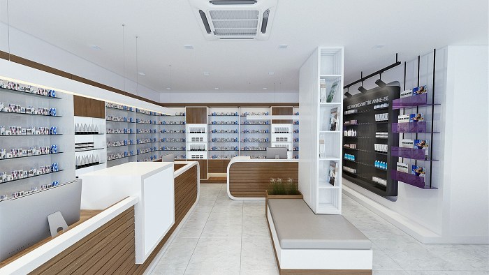 Pharmacy pharmacies counters retail shelving contrast